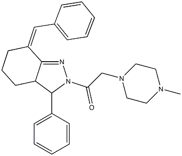 7-benzylidene-2-[(4-methyl-1-piperazinyl)acetyl]-3-phenyl-3,3a,4,5,6,7-hexahydro-2H-indazole 结构式