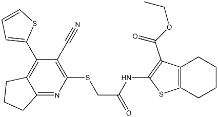 ethyl 2-[(2-{[3-cyano-4-(2-thienyl)-6,7-dihydro-5H-cyclopenta[b]pyridin-2-yl]sulfanyl}acetyl)amino]-4,5,6,7-tetrahydro-1-benzothiophene-3-carboxylate 结构式