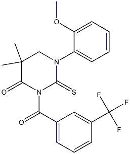 1-(2-methoxyphenyl)-5,5-dimethyl-2-thioxo-3-[3-(trifluoromethyl)benzoyl]hexahydropyrimidin-4-one 结构式