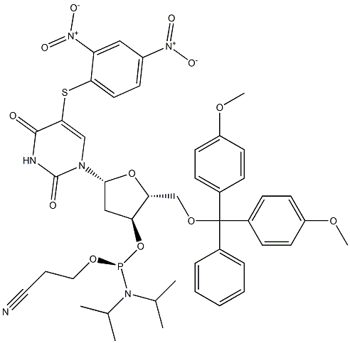 5'-O-(4,4'-dimethoxytrityl)-5-(S-(2,4-dinitrophenyl)thio)-2'-deoxyuridine 3'-O-(2-cyanoethyl N,N'-diisopropylphosphoramidite) 结构式