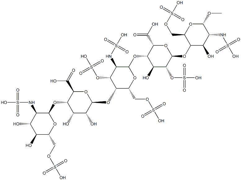 (2R,3S,4S,5R,6R)-3-[(2R,3R,4R,5S,6R)-5-[(2R,3R,4S,5S,6S)-6-carboxy-5-[(2R,3R,4R,5S,6R)-4,5-dihydroxy-3-(sulfoamino)-6-(sulfooxymethyl)oxan-2-yl]oxy-3,4-dihydroxy-oxan-2-yl]oxy-3-(sulfoamino)-4-sulfooxy-6-(sulfooxymethyl)oxan-2-yl]oxy-4-hydroxy-6-[(2R,3S,4R,5R,6S)-4-hydroxy-6-methoxy-5-(sulfoamino)-2-(sulfooxymethyl)oxan-3-yl]oxy-5-sulfooxy-oxane-2-carboxylic acid 结构式