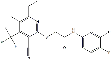 N-(3-chloro-4-fluorophenyl)-2-{[3-cyano-6-ethyl-5-methyl-4-(trifluoromethyl)-2-pyridinyl]sulfanyl}acetamide 结构式