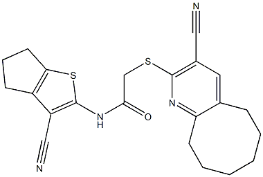 N-(3-cyano-5,6-dihydro-4H-cyclopenta[b]thiophen-2-yl)-2-[(3-cyano-5,6,7,8,9,10-hexahydrocycloocta[b]pyridin-2-yl)sulfanyl]acetamide 结构式