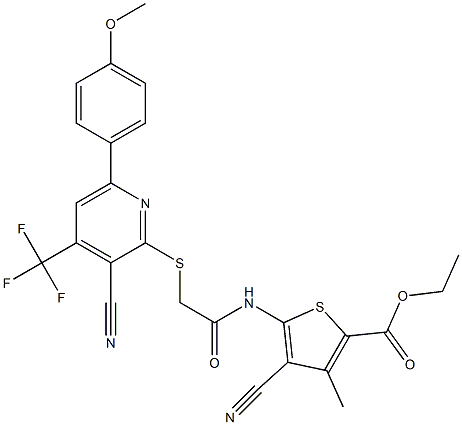 ethyl 4-cyano-5-[(2-{[3-cyano-6-(4-methoxyphenyl)-4-(trifluoromethyl)-2-pyridinyl]sulfanyl}acetyl)amino]-3-methyl-2-thiophenecarboxylate 结构式