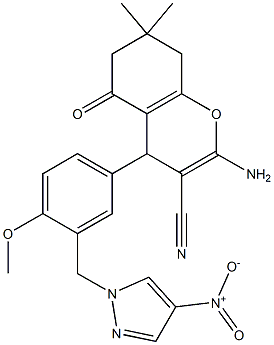 2-amino-4-{4-methoxy-3-[(4-nitro-1H-pyrazol-1-yl)methyl]phenyl}-7,7-dimethyl-5-oxo-5,6,7,8-tetrahydro-4H-chromene-3-carbonitrile 结构式