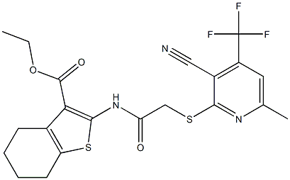 ethyl 2-[(2-{[3-cyano-6-methyl-4-(trifluoromethyl)-2-pyridinyl]sulfanyl}acetyl)amino]-4,5,6,7-tetrahydro-1-benzothiophene-3-carboxylate 结构式