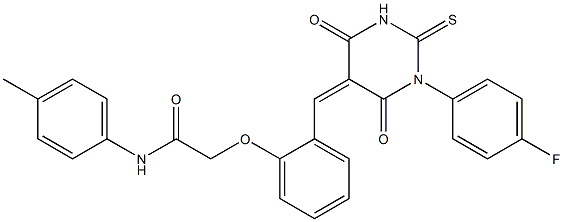 2-{2-[(1-(4-fluorophenyl)-4,6-dioxo-2-thioxotetrahydropyrimidin-5(2H)-ylidene)methyl]phenoxy}-N-(4-methylphenyl)acetamide 结构式