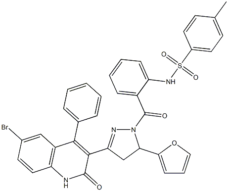 N-(2-{[3-(6-bromo-2-oxo-4-phenyl-1,2-dihydro-3-quinolinyl)-5-(2-furyl)-4,5-dihydro-1H-pyrazol-1-yl]carbonyl}phenyl)-4-methylbenzenesulfonamide 结构式