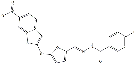 4-fluoro-N'-{[5-({6-nitro-1,3-benzothiazol-2-yl}sulfanyl)-2-furyl]methylene}benzohydrazide 结构式