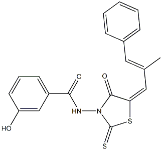 3-hydroxy-N-[5-(2-methyl-3-phenyl-2-propenylidene)-4-oxo-2-thioxo-1,3-thiazolidin-3-yl]benzamide 结构式