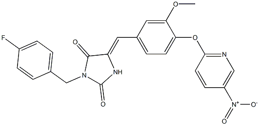 3-(4-fluorobenzyl)-5-[4-({5-nitro-2-pyridinyl}oxy)-3-methoxybenzylidene]-2,4-imidazolidinedione 结构式