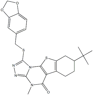 1-[(1,3-benzodioxol-5-ylmethyl)sulfanyl]-8-tert-butyl-4-methyl-6,7,8,9-tetrahydro[1]benzothieno[3,2-e][1,2,4]triazolo[4,3-a]pyrimidin-5(4H)-one 结构式