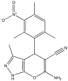 6-amino-4-{3-nitro-2,4,6-trimethylphenyl}-3-methyl-1,4-dihydropyrano[2,3-c]pyrazole-5-carbonitrile 结构式