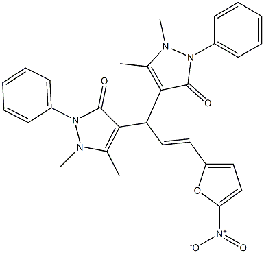 4-(1-(1,5-dimethyl-3-oxo-2-phenyl-2,3-dihydro-1H-pyrazol-4-yl)-3-{5-nitro-2-furyl}-2-propenyl)-1,5-dimethyl-2-phenyl-1,2-dihydro-3H-pyrazol-3-one 结构式