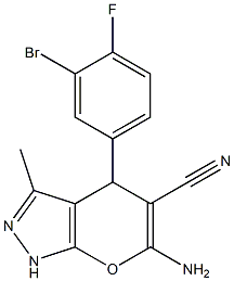 6-amino-4-(3-bromo-4-fluorophenyl)-3-methyl-1,4-dihydropyrano[2,3-c]pyrazole-5-carbonitrile 结构式