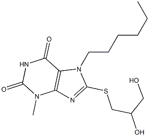 8-[(2,3-dihydroxypropyl)sulfanyl]-7-hexyl-3-methyl-3,7-dihydro-1H-purine-2,6-dione 结构式