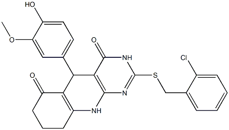 2-[(2-chlorobenzyl)sulfanyl]-5-(4-hydroxy-3-methoxyphenyl)-5,8,9,10-tetrahydropyrimido[4,5-b]quinoline-4,6(3H,7H)-dione 结构式