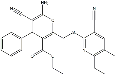 ethyl 6-amino-5-cyano-2-{[(3-cyano-6-ethyl-5-methylpyridin-2-yl)sulfanyl]methyl}-4-phenyl-4H-pyran-3-carboxylate 结构式