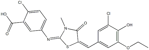 2-chloro-5-{[5-(3-chloro-5-ethoxy-4-hydroxybenzylidene)-3-methyl-4-oxo-1,3-thiazolidin-2-ylidene]amino}benzoic acid 结构式