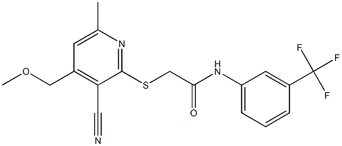2-{[3-cyano-4-(methoxymethyl)-6-methyl-2-pyridinyl]sulfanyl}-N-[3-(trifluoromethyl)phenyl]acetamide 结构式