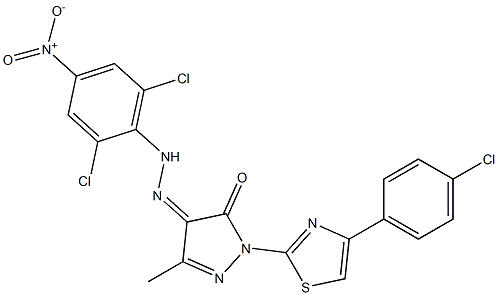 1-[4-(4-chlorophenyl)-1,3-thiazol-2-yl]-3-methyl-1H-pyrazole-4,5-dione 4-[N-(2,6-dichloro-4-nitrophenyl)hydrazone] 结构式