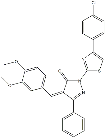 1-[4-(4-chlorophenyl)-1,3-thiazol-2-yl]-4-[(Z)-(3,4-dimethoxyphenyl)methylidene]-3-phenyl-1H-pyrazol-5-one 结构式