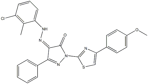 1-[4-(4-methoxyphenyl)-1,3-thiazol-2-yl]-3-phenyl-1H-pyrazole-4,5-dione 4-[N-(3-chloro-2-methylphenyl)hydrazone] 结构式