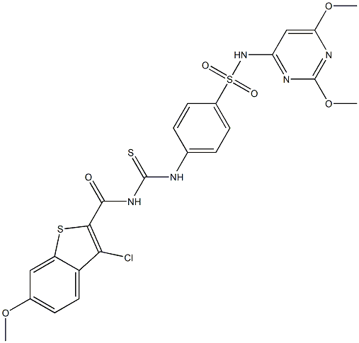 4-[({[(3-chloro-6-methoxy-1-benzothiophen-2-yl)carbonyl]amino}carbothioyl)amino]-N-(2,6-dimethoxy-4-pyrimidinyl)benzenesulfonamide 结构式