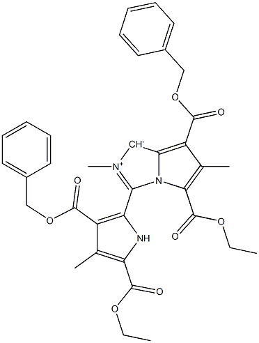 [2,6-Dimethyl-3-[3-[(benzyloxy)carbonyl]-5-(ethoxycarbonyl)-4-methyl-1H-pyrrol-2-yl]-1H-pyrrolo[1,2-c]imidazol-2-ium]-1-ide-5,7-dicarboxylic acid 5-ethyl 7-benzyl ester 结构式