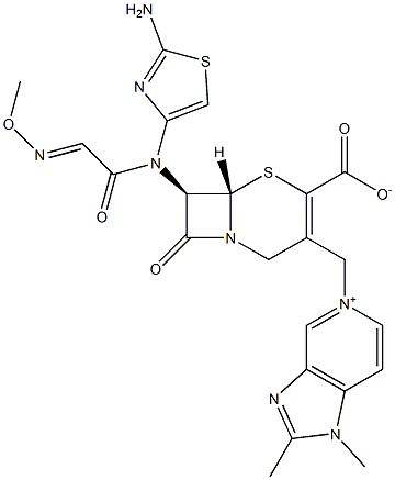 (7R)-7-[(2-Amino-4-thiazolyl)(methoxyimino)acetylamino]-3-[[1,2-dimethyl-(1H-imidazo[4,5-c]pyridin-5-ium)-5-yl]methyl]cepham-3-ene-4-carboxylic acid 结构式