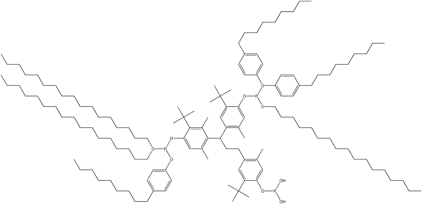[3-Methyl-1,1,3-propanetriyltris(2-tert-butyl-5-methyl-4,1-phenyleneoxy)]tris(phosphonous acid)O,O',O'-triheptadecyl O,O'',O''-tris(4-nonylphenyl) ester 结构式
