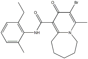 N-(2-Methyl-6-ethylphenyl)-3-bromo-4-methyl-2-oxo-2,6,7,8,9,10-hexahydropyrido[1,2-a]azepine-1-carboxamide 结构式