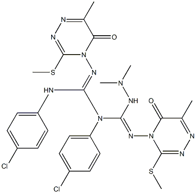 1,3-Bis(4-chlorophenyl)-2-[(4,5-dihydro-6-methyl-3-methylthio-5-oxo-1,2,4-triazin)-4-yl]-1-[(2,2-dimethylhydrazino)[(4,5-dihydro-6-methyl-3-methylthio-5-oxo-1,2,4-triazin)-4-ylimino]methyl]guanidine 结构式