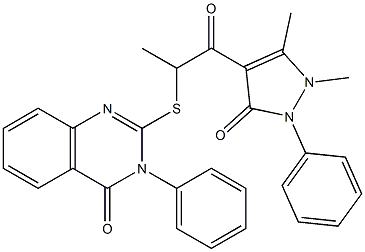 3-Phenyl-2-[[1-[(1-phenyl-2,3-dimethyl-5-oxo-3-pyrazolin-4-yl)carbonyl]ethyl]thio]quinazolin-4(3H)-one 结构式