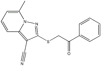 2-[[(Phenylcarbonyl)methyl]thio]-7-methyl-pyrazolo[1,5-a]pyridine-3-carbonitrile 结构式