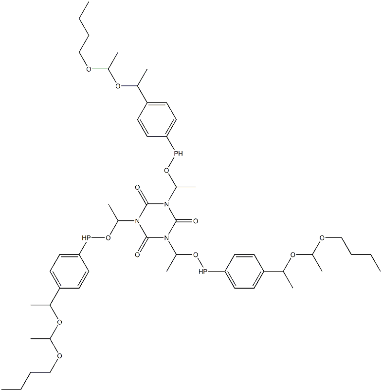 1,3,5-Tris[1-[4-[1-[(1-butoxyethyl)oxy]ethyl]phenylphosphinooxy]ethyl]-1,3,5-triazine-2,4,6(1H,3H,5H)-trione 结构式
