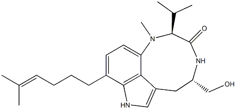 (2S,5S)-1,2,4,5,6,8-Hexahydro-9-(5-methyl-4-hexenyl)-5-hydroxymethyl-2-isopropyl-1-methyl-3H-pyrrolo[4,3,2-gh]-1,4-benzodiazonin-3-one 结构式