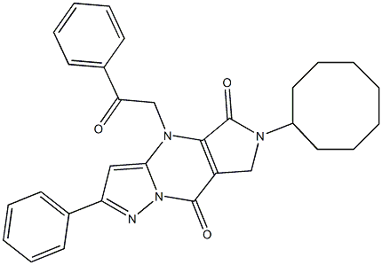 6,7-Dihydro-6-cyclooctyl-4-(2-oxo-2-phenylethyl)-2-phenyl-4H-1,4,6,8a-tetraaza-s-indacene-5,8-dione 结构式