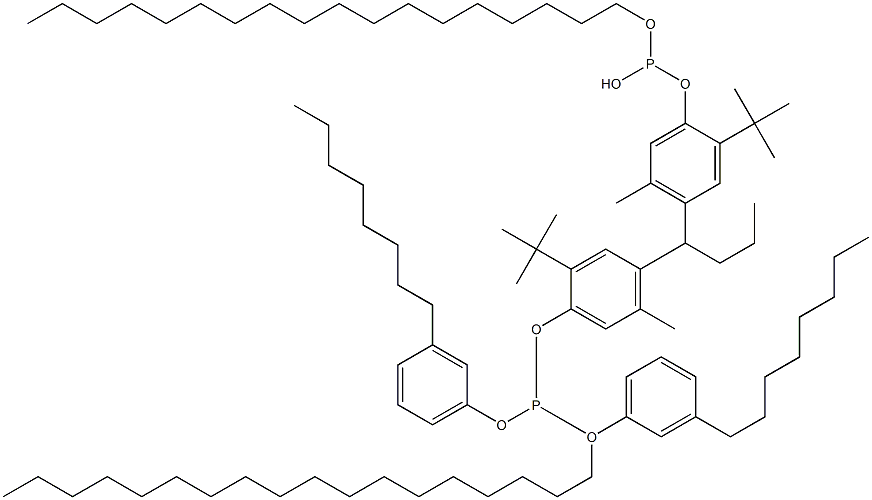 [Butylidenebis(2-tert-butyl-5-methyl-4,1-phenyleneoxy)]bis(phosphonous acid)O,O'-dioctadecyl O,O'-bis(3-octylphenyl) ester 结构式