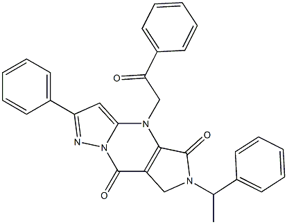 6,7-Dihydro-6-(1-phenylethyl)-4-(2-oxo-2-phenylethyl)-2-phenyl-4H-1,4,6,8a-tetraaza-s-indacene-5,8-dione 结构式