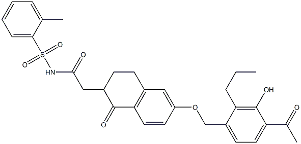2-[[6-(4-Acetyl-3-hydroxy-2-propylbenzyloxy)-1,2,3,4-tetrahydro-1-oxonaphthalen]-2-yl]-N-(2-methylphenylsulfonyl)acetamide 结构式
