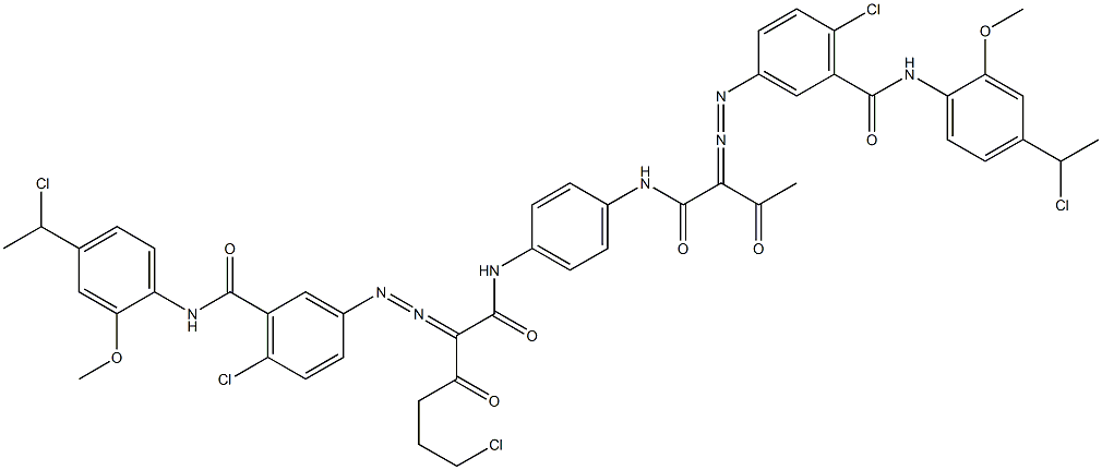 3,3'-[2-(2-Chloroethyl)-1,4-phenylenebis[iminocarbonyl(acetylmethylene)azo]]bis[N-[4-(1-chloroethyl)-2-methoxyphenyl]-6-chlorobenzamide] 结构式