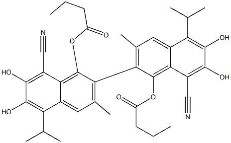 1,1'-Bis(butyryloxy)-6,6',7,7'-tetrahydroxy-5,5'-diisopropyl-3,3'-dimethyl-2,2'-binaphthalene-8,8'-dicarbonitrile 结构式