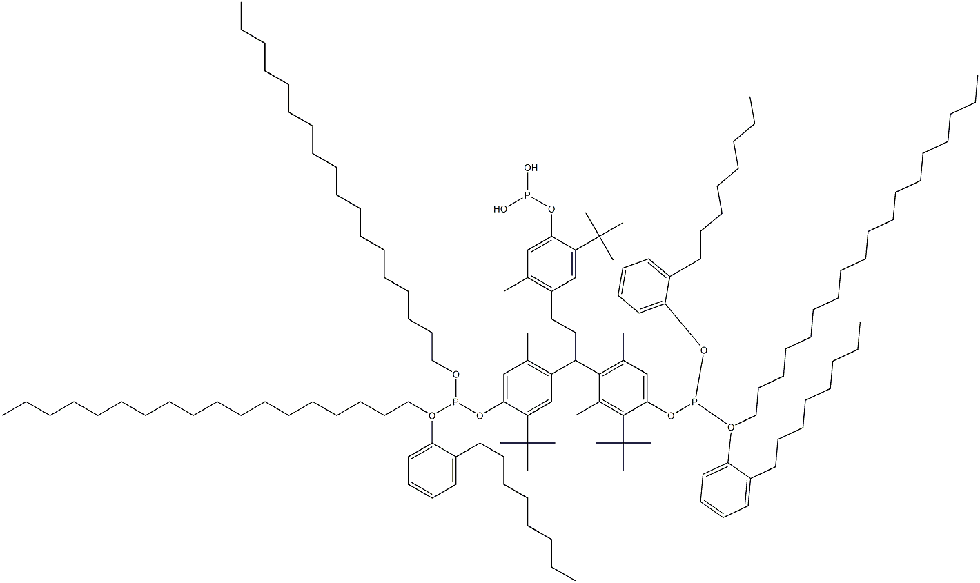 [3-Methyl-1,1,3-propanetriyltris(2-tert-butyl-5-methyl-4,1-phenyleneoxy)]tris(phosphonous acid)O,O',O''-Trioctadecyl O,O',O''-tris(2-octylphenyl) ester 结构式