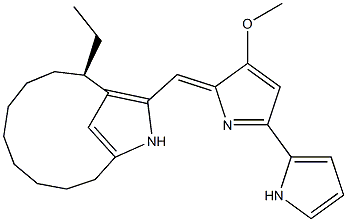 (R)-2-Ethyl-13-[[3-methoxy-5-(1H-pyrrol-2-yl)-2H-pyrrol-2-ylidene]methyl]-12-azabicyclo[9.2.1]tetradeca-11(14),13(1)-diene 结构式