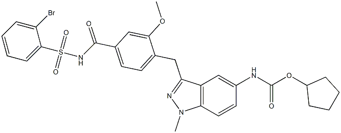 4-[5-(Cyclopentyloxycarbonylamino)-1-methyl-1H-indazol-3-ylmethyl]-3-methoxy-N-(2-bromophenylsulfonyl)benzamide 结构式