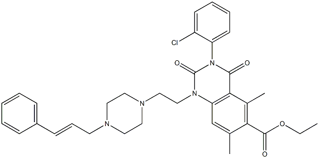 1,2,3,4-Tetrahydro-3-(2-chlorophenyl)-1-[2-[4-(3-phenyl-2-propenyl)-1-piperazinyl]ethyl]-5,7-dimethyl-2,4-dioxoquinazoline-6-carboxylic acid ethyl ester 结构式