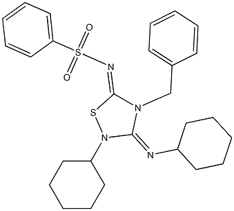 2-Cyclohexyl-3-cyclohexylimino-4-benzyl-5-phenylsulfonylimino-1,2,4-thiadiazolidine 结构式