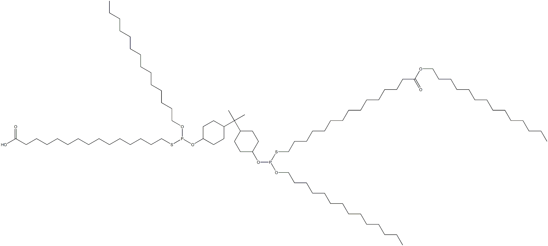 15,15'-[[Isopropylidenebis(4,1-cyclohexanediyloxy)]bis[(tetradecyloxy)phosphinediylthio]]bis(pentadecanoic acid tetradecyl) ester 结构式