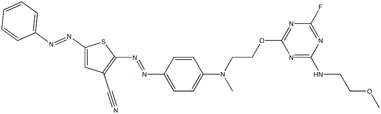 2-[4-[N-[2-[4-Fluoro-6-(2-methoxyethylamino)-1,3,5-triazin-2-yloxy]ethyl]-N-methylamino]phenylazo]-5-phenylazo-3-thiophenecarbonitrile 结构式